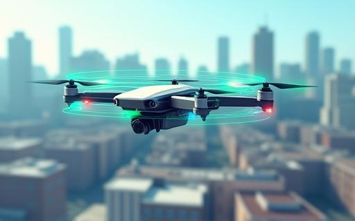 Image representing a drone collecting data over an urban area